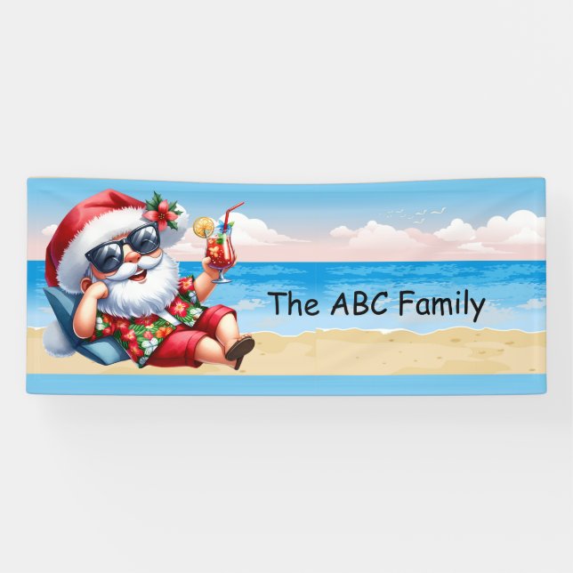 Santa Claus at the beach  Christmas in July Party Banner (Horizontal)