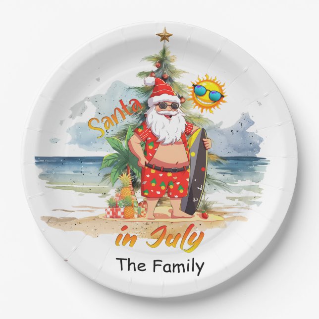  SANTA Claus at the beach Christmas in July Party Paper Plate (Front)