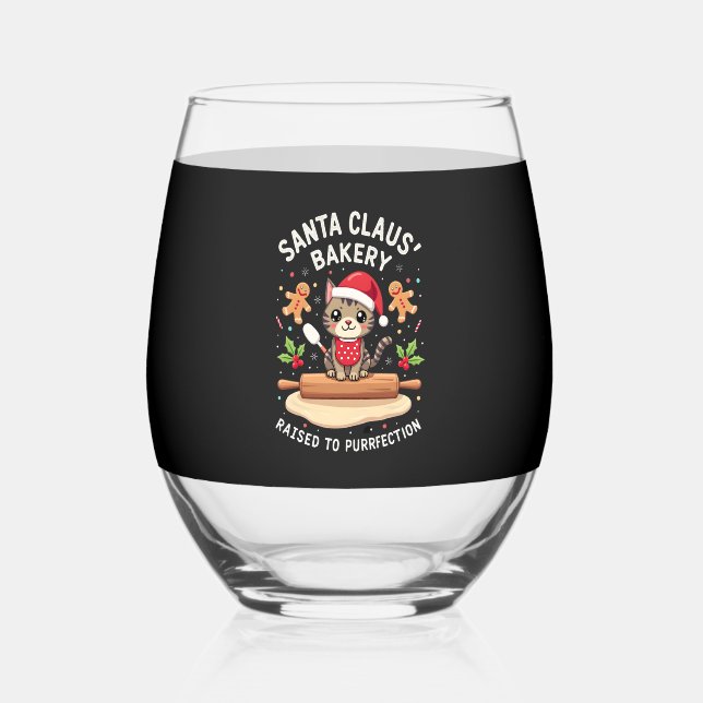 Santa Claus Bakery Kneaded To Purrfection Christma Stemless Wine Glass (Front)