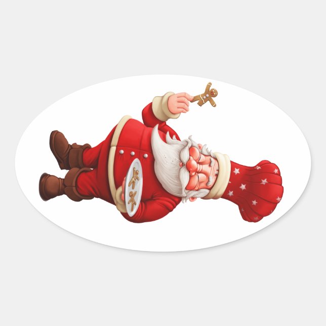 Santa Claus Bakes Gingerbread Men Oval Sticker (Front)