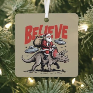 Santa Claus Believe Dinosaur Christmas Triceratops Metal Tree Decoration
