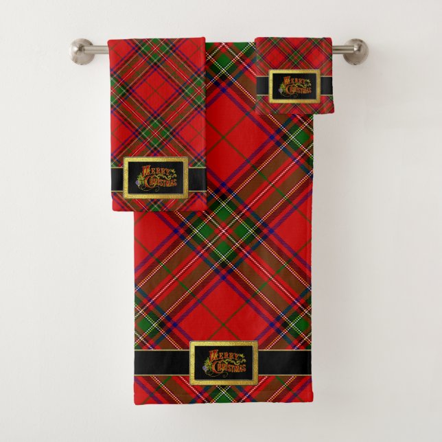 Santa Claus Belt Merry Christmas and Tartan Bath Towel Set (Insitu)