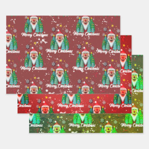 Santa Claus Between Stars and Trees Wrapping Paper Sheet