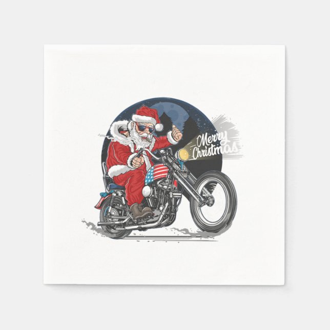 Santa Claus Biker US Flag Motorcycle Christmas Gif Napkin (Front)