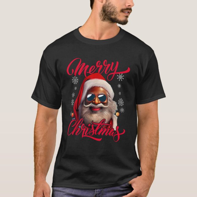 Santa Claus Black Afro African American Merry Chri T-Shirt (Front)