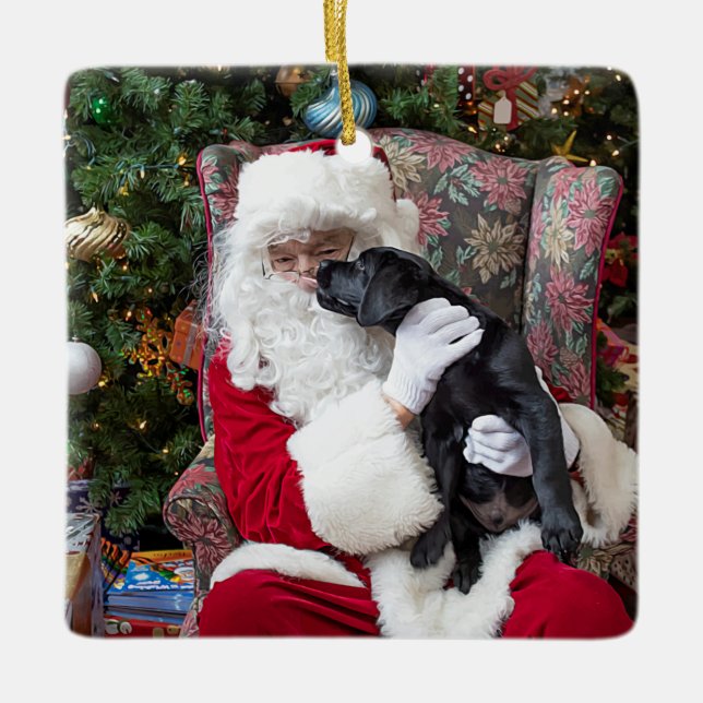 Santa Claus Black Labrador Christmas Cute Puppy Ceramic Ornament (Front)