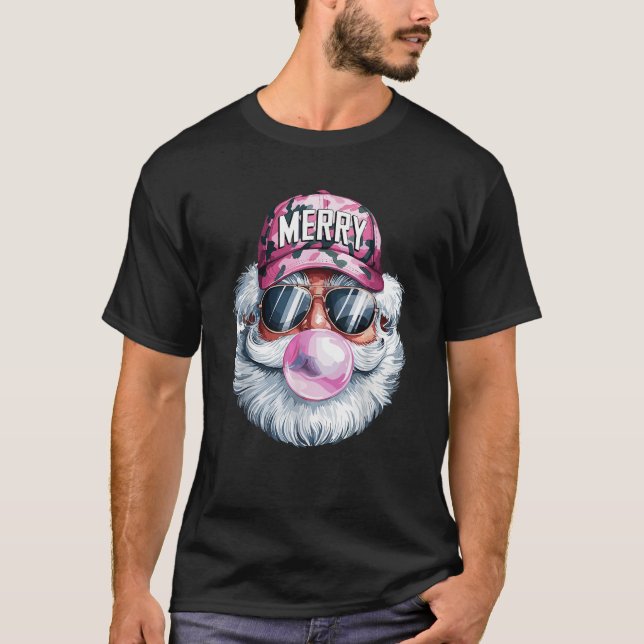 Santa Claus Blowing Bubble Gum pink Merry Christma T-Shirt (Front)