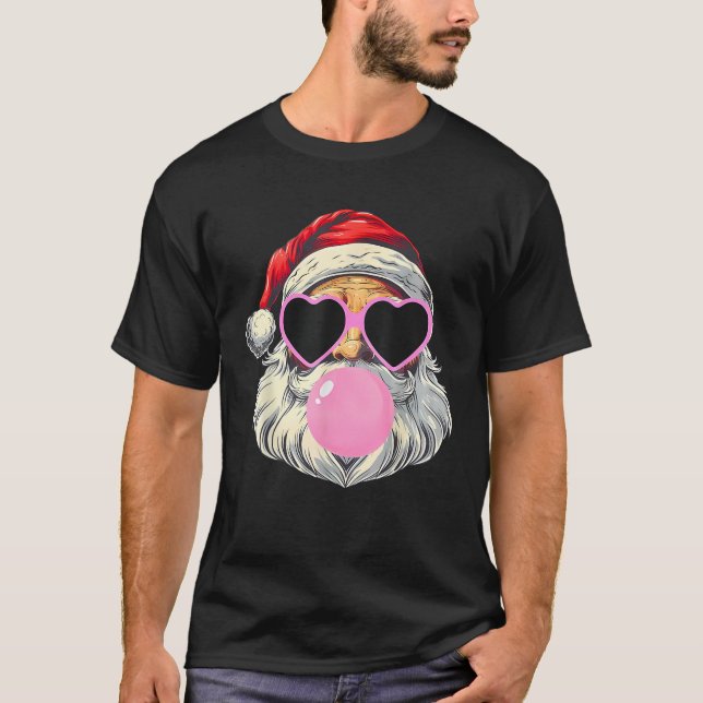 Santa Claus Blowing Bubble Gum Pink Sunglasses Chr T-Shirt (Front)