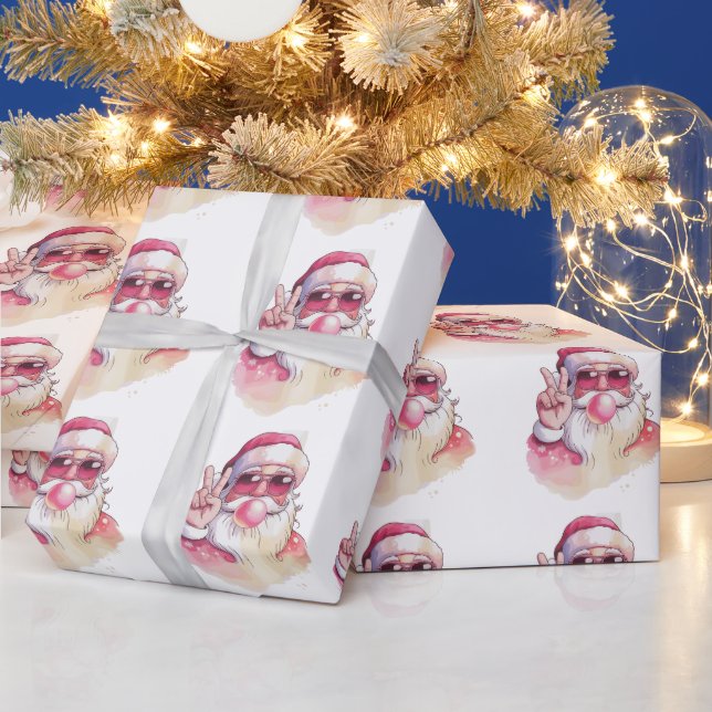 Santa Claus Blowing Bubble Gum Pink Sunglasses  Wrapping Paper (Holidays)
