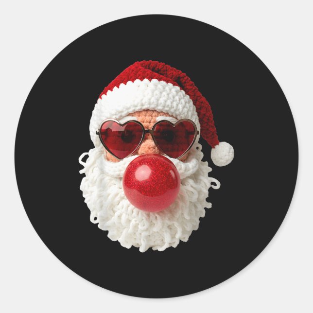 Santa Claus Blowing Yarn Crochet Bubble Gum Heart  Classic Round Sticker (Front)