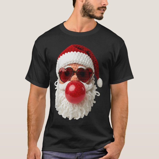 Santa Claus Blowing Yarn Crochet Bubble Gum Heart  T-Shirt (Front)