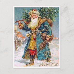 Santa Claus bringing Christmas tree, vintage Postcard