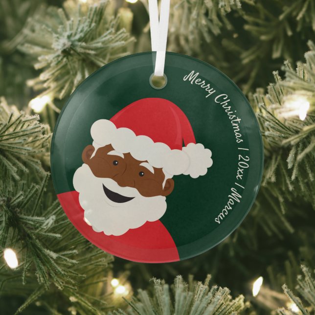 Santa Claus Brown Skin Name Year Merry Christmas Glass Tree Decoration (Insitu)