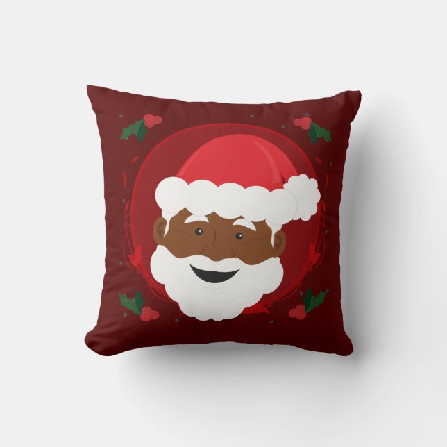 Santa Claus Brown Skin Red Holly Christmas Cushion (Front)