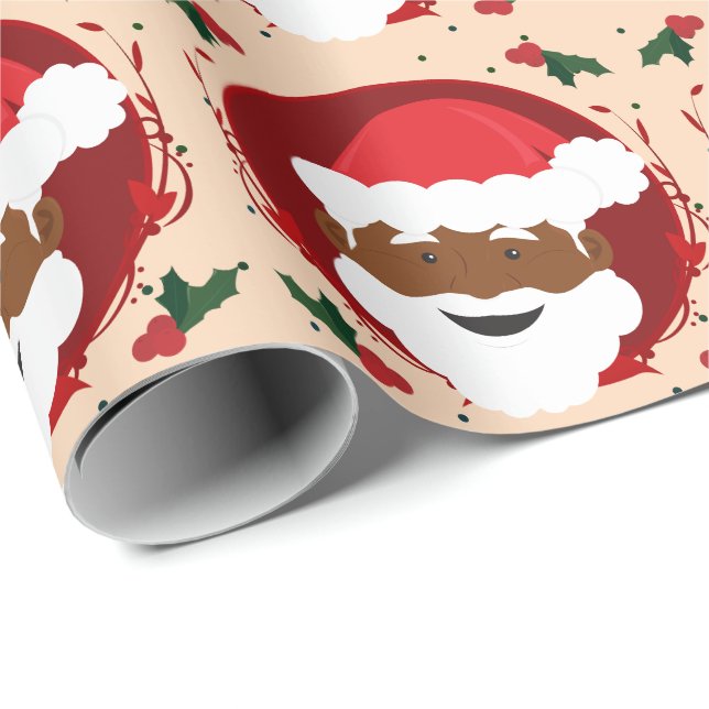 Santa Claus Brown Skin Tan Red Christmas Wrapping Paper (Roll Corner)