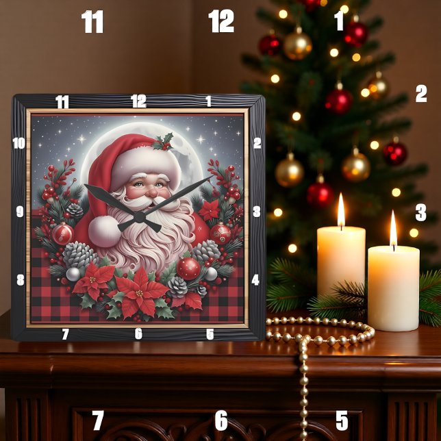 Santa Claus Buffalo Plaid Square Wall Clock (Creator Uploaded)
