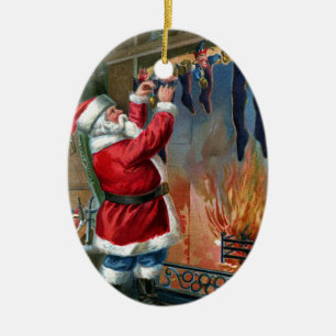 Santa Claus Busy Filling Stockings Ceramic Tree Decoration