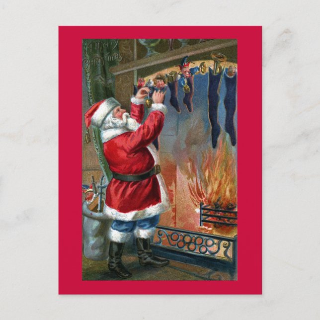 Santa Claus Busy Filling Stockings Holiday Postcard (Front)
