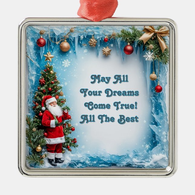 Santa Claus by a Festive Christmas Tree Metal Tree Decoration (Front)