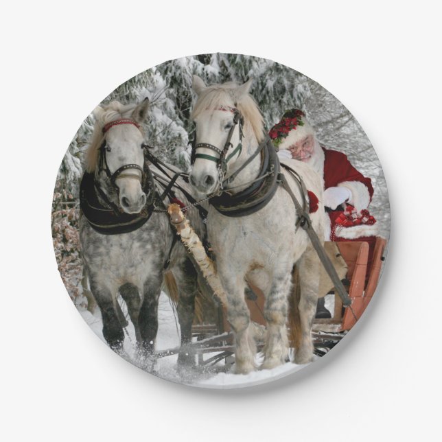 Santa Claus Carriage Christmas Holiday Paper Plate (Front)