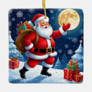 Santa Claus Carrying Christmas Gifts Ceramic Ornament