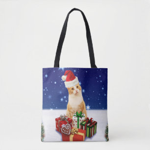 Santa Claus Cat with Christmas Gift Tote Bag