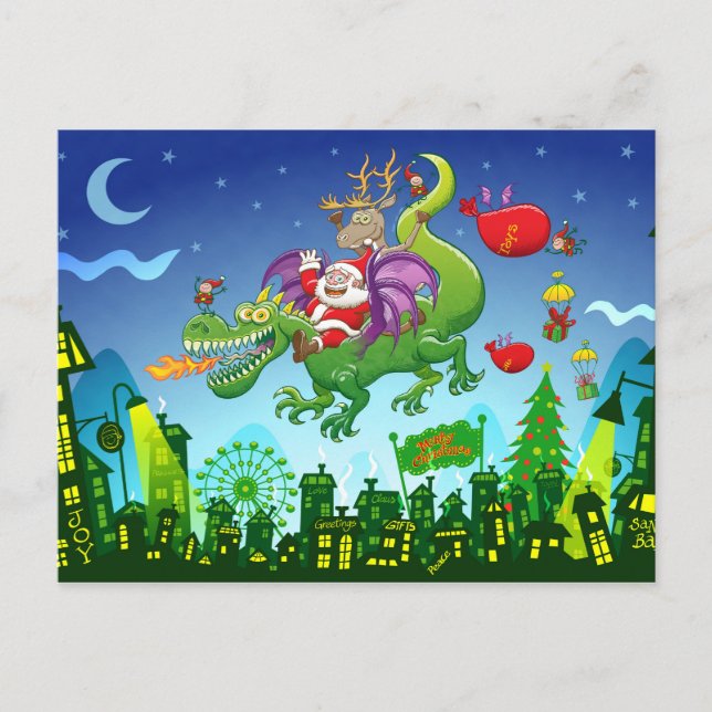 Santa Claus Changed his Reindeer for a Dragon Holiday Postcard (Front)