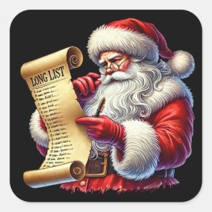 Santa Claus Checking His Long List of Gifts Black Square Sticker