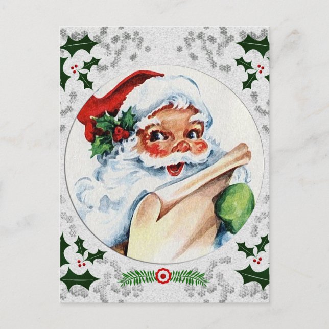 Santa Claus Checking List Snowflake Holly Frame Postcard (Front)