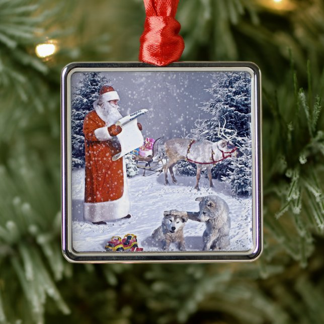 Santa Claus checking the gift list Metal Tree Decoration (Tree)