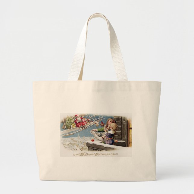 Santa Claus Children Christmas Vintage Large Tote Bag (Front)