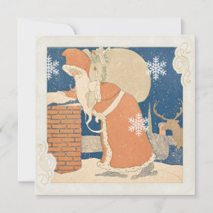 Santa Claus Chimney Vintage Christmas  Holiday Card
