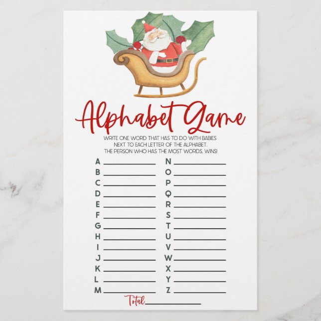 Santa Claus Christmas Alphabet Baby Shower Game Stationery (Front)
