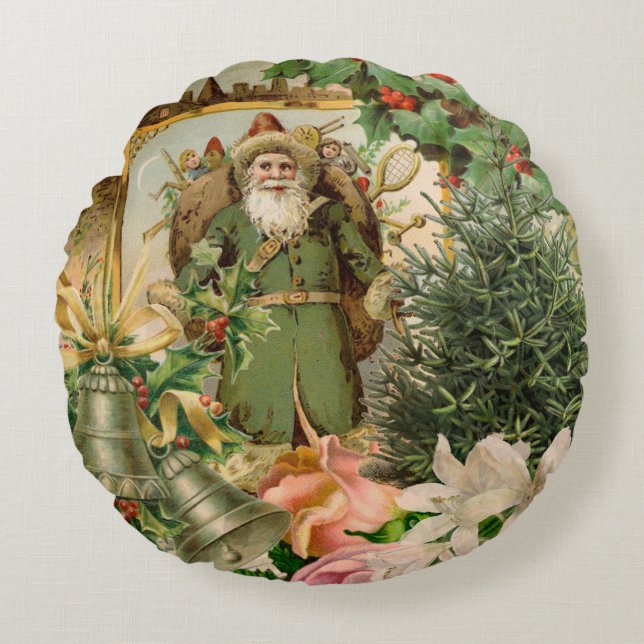Santa Claus Christmas Antique Beautiful Art Round Cushion (Front)