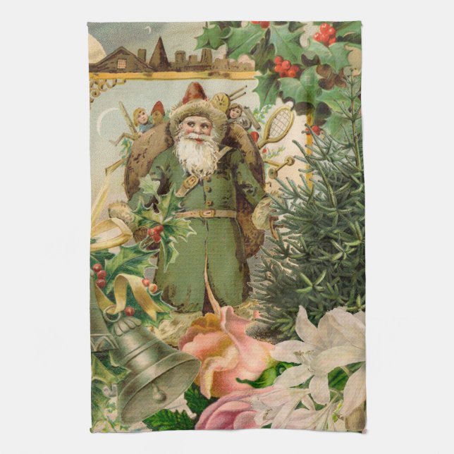 Santa Claus Christmas Antique Beautiful Art Tea Towel (Vertical)