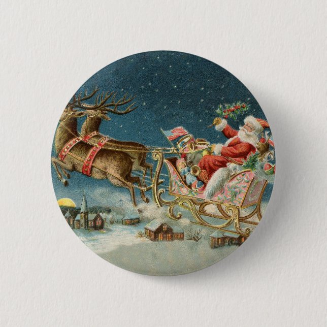 Santa Claus Christmas Antique Sleigh Reindeer 6 Cm Round Badge (Front)