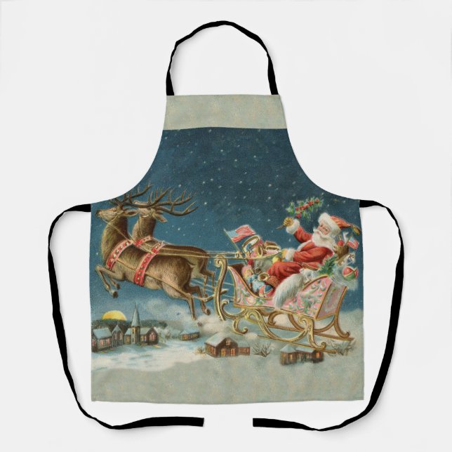 Santa Claus Christmas Antique Sleigh Reindeer Apron (Front)