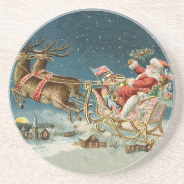 Santa Claus Christmas Antique Sleigh Reindeer Coaster (Front)