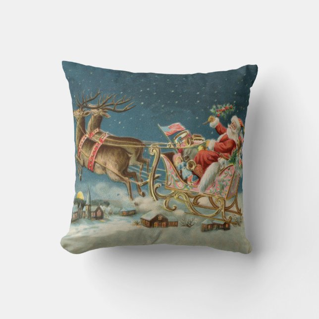 Santa Claus Christmas Antique Sleigh Reindeer Cushion (Front)