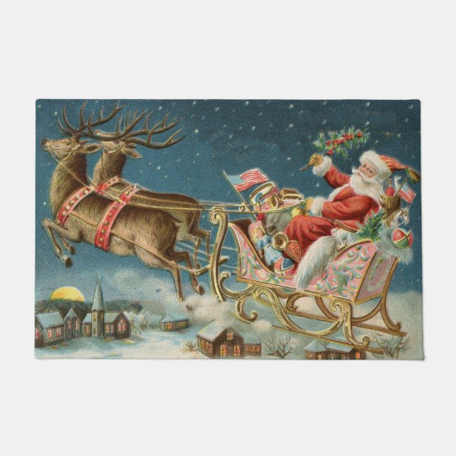 Santa Claus Christmas Antique Sleigh Reindeer Doormat (Front)