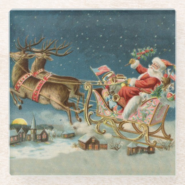 Santa Claus Christmas Antique Sleigh Reindeer Glass Coaster (Front)