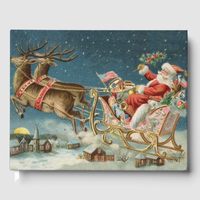 Santa Claus Christmas Antique Sleigh Reindeer Guest Book (Front)