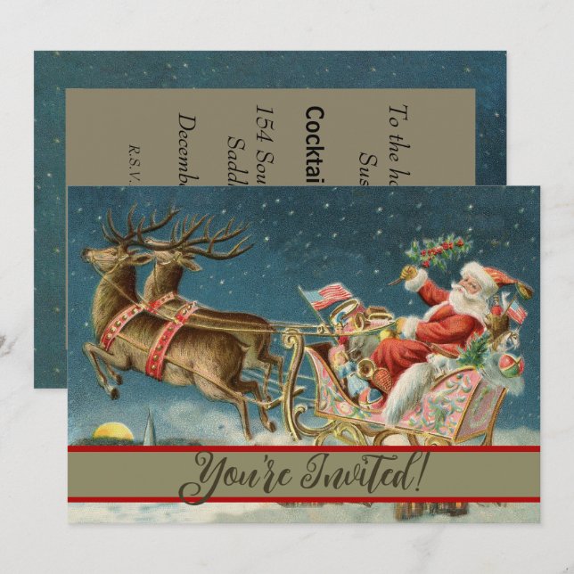 Santa Claus Christmas Antique Sleigh Reindeer Invitation (Front/Back)