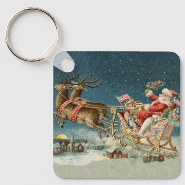 Santa Claus Christmas Antique Sleigh Reindeer Key Ring (Front)
