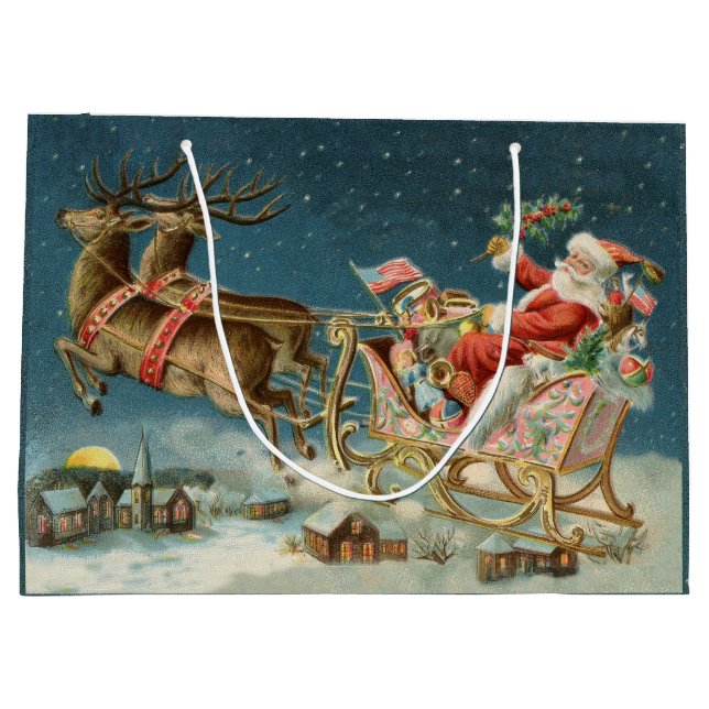 Santa Claus Christmas Antique Sleigh Reindeer Large Gift Bag (Back)