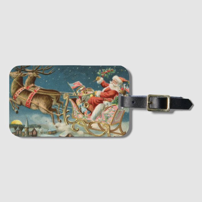 Santa Claus Christmas Antique Sleigh Reindeer Luggage Tag (Front Horizontal)