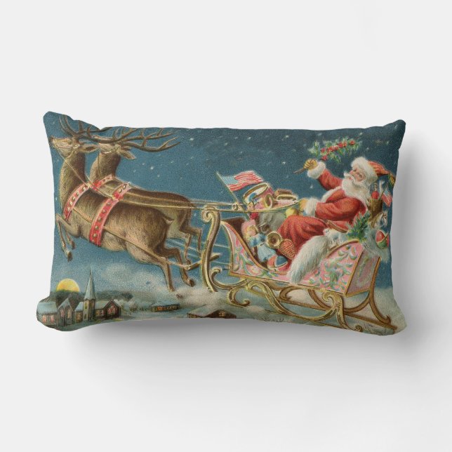 Santa Claus Christmas Antique Sleigh Reindeer Lumbar Cushion (Front)