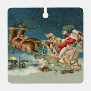 Santa Claus Christmas Antique Sleigh Reindeer Metal Tree Decoration