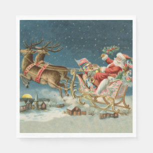 Santa Claus Christmas Antique Sleigh Reindeer Napkin