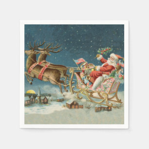 Santa Claus Christmas Antique Sleigh Reindeer Napkin